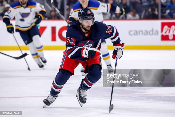 Sam Gagner of the Winnipeg Jets follows the play down the ice during second period action against the St. Louis Blues at the Canada Life Centre on...