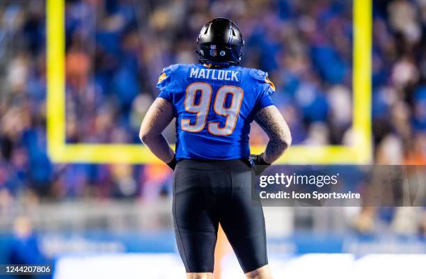 Boise State Broncos defensive tackle Scott Matlock on the field during a college football game between the Boise State Broncos and the Fresno State...