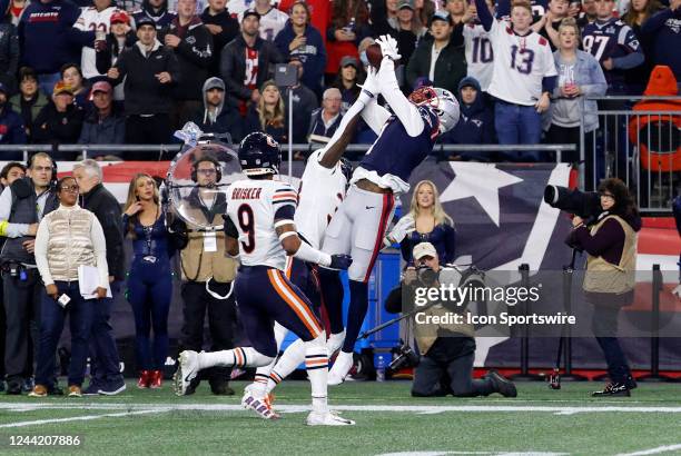 New England Patriots wide receiver DeVante Parker goes up to make a catch during a game between the New England Patriots and the Chicago Bears on...