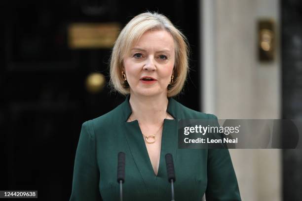 British Prime Minister Liz Truss makes a statement prior to her formal resignation outside Number 10 in Downing Street on October 25, 2022 in London,...