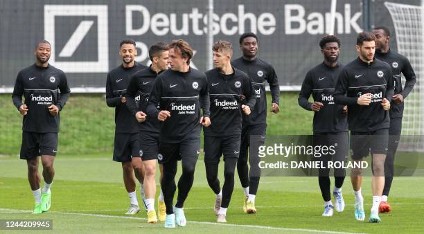 Frankfurt's players attend a training session on the eve of the UEFA Champions League Group D football match Eintracht Frankfurt vs Olympique...
