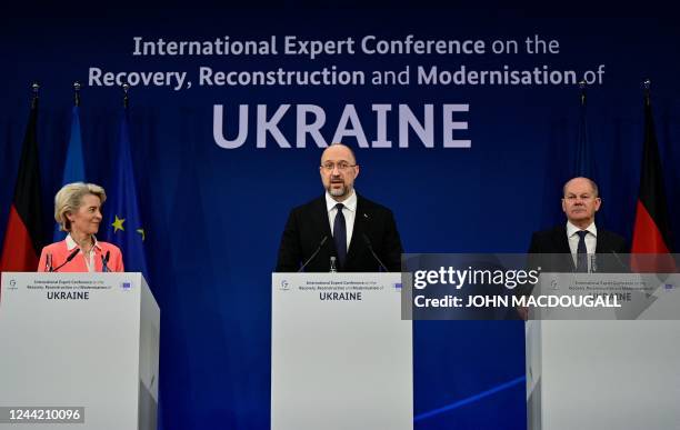 President of the European Commission Ursula von der Leyen, Prime Minister Of Ukraine Denys Shmyhal and German Chancellor Olaf Scholz address a press...