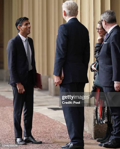 Newly elected leader of the Conservative Party Rishi Sunak arrives at Buckingham Palace for an audience with King Charles III where he will be...