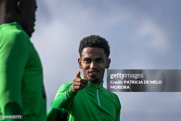 Sporting Lisbon's English forward Marcus Edwards gestures during a training session at the Cristiano Ronaldo academy training ground in Alcochete,...