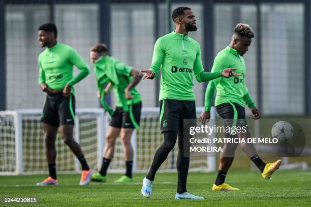 Sporting Lisbon's Dutch defender Jerry St. Juste takes part in a training session at the Cristiano Ronaldo academy training ground in Alcochete,...