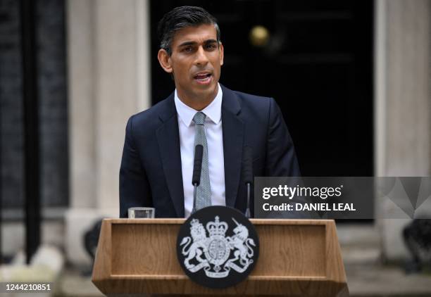 Britain's newly appointed Prime Minister Rishi Sunak delivers a speech outside 10 Downing Street in central London, on October 25, 2022. - Rishi...