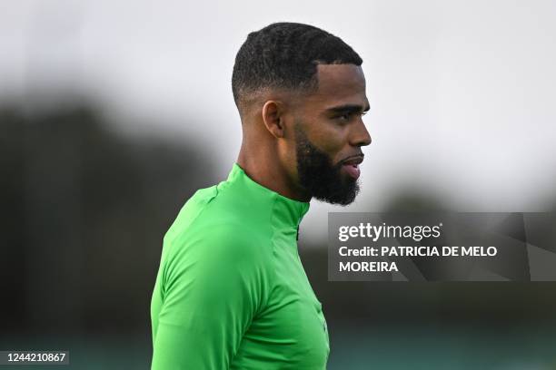 Sporting Lisbon's Dutch defender Jerry St. Juste looks on during a training session at the Cristiano Ronaldo academy training ground in Alcochete,...