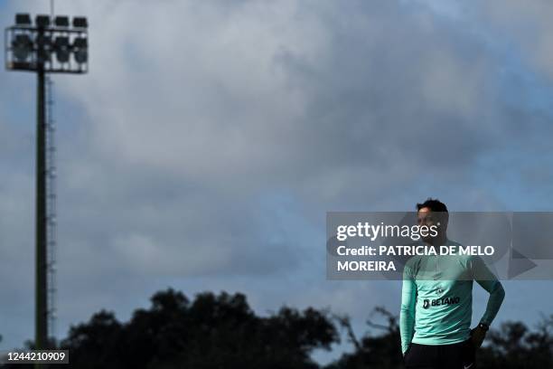 Sporting Lisbon's Portuguese coach Ruben Amorim looks on during a training session at the Cristiano Ronaldo academy training ground in Alcochete,...