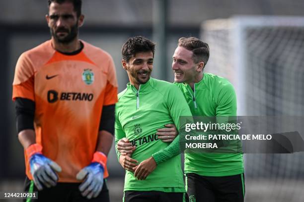 Sporting Lisbon's Portuguese midfielder Nuno Santos and Sporting Lisbon's Portuguese defender Rochinha attend a training session at the Cristiano...