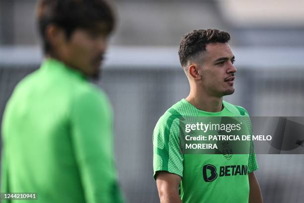 Sporting Lisbon's Portuguese midfielder Pedro Goncalves looks on during a training session at the Cristiano Ronaldo academy training ground in...