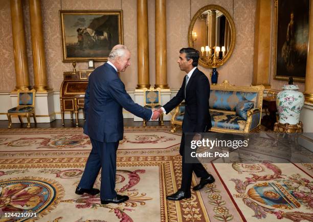 King Charles III welcomes Rishi Sunak during an audience at Buckingham Palace, where he invited the newly elected leader of the Conservative Party to...