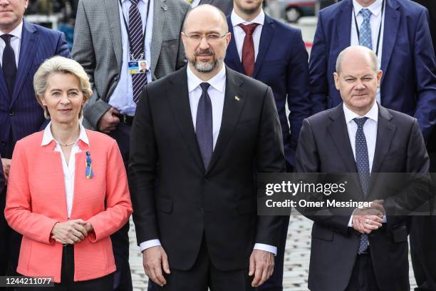 President of the European Commission, Ursula von der Leyen , Prime Minister of Ukraine, Denys Shmyhal and German Chancellor Olaf Scholz pose for a...