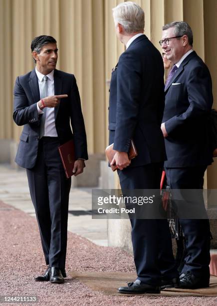 Newly elected leader of the Conservative Party Rishi Sunak arrives at Buckingham Palace for an audience with King Charles III where he will be...