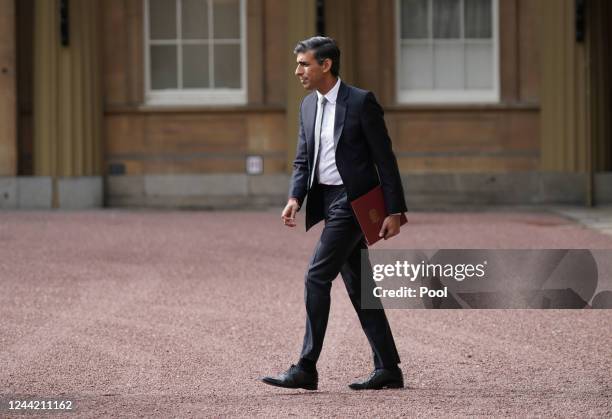 Newly elected leader of the Conservative Party Rishi Sunak arrives at Buckingham Palace for an audience with King Charles III where he will be...