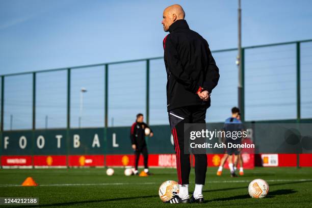 Manchester United Head Coach / Manager Erik ten Hag looks on during a Manchester United training session at Carrington Training Ground on October 25,...