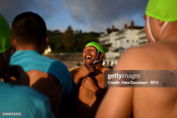 Mako Vunipola of England reacts during a England Training session on St Brelade's Bay Beach on October 25, 2022 in Saint Peter, Jersey .