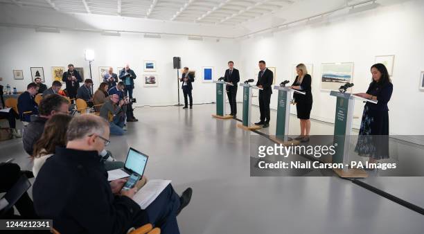Agriculture Minister Charlie McConalogue, Tánaiste Leo Varadkar, Justice Minister Helen McEntee and Arts Minister Catherine Martin speaking at a...