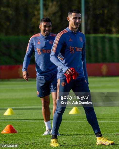 Cristiano Ronaldo of Manchester United in action during a Manchester United training session at Carrington Training Ground on October 25, 2022 in...