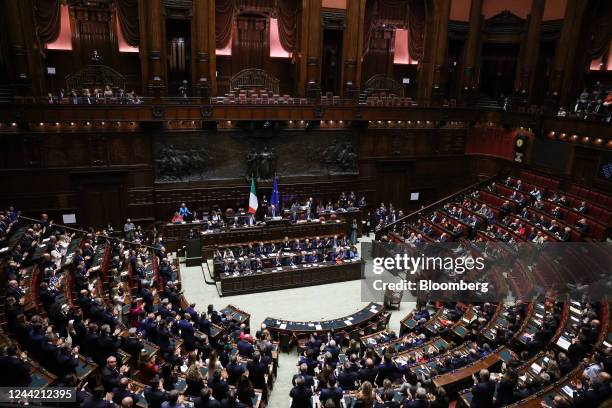 Giorgia Meloni, Italy's new prime minister, center, speaks during a parliamentary session inside the Chamber of Deputies, the lower house of...