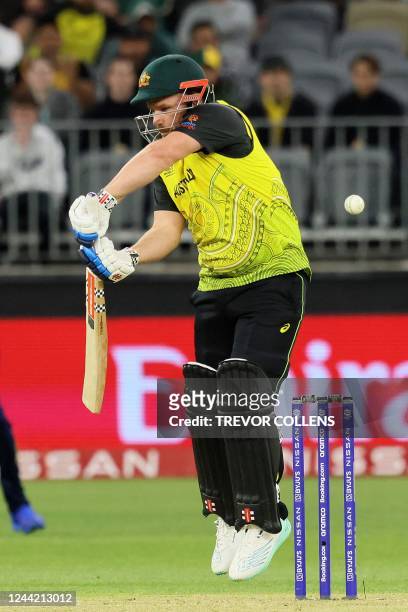 Australia's Aaron Finch plays a shot during the ICC men's Twenty20 World Cup 2022 cricket match between Australia and Sri Lanka at Perth Stadium on...