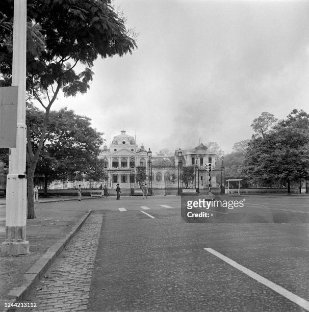 The left wing of the Independence Palace, where the President of the Republic of Vietnam Ngo Dinh Diem and his family reside, is partially destroyed,...