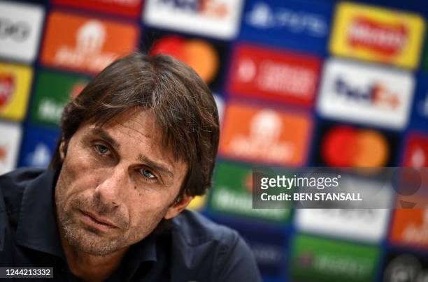 Tottenham Hotspur's Italian head coach Antonio Conte attends a press conference at the Tottenham Hotspur Football Club Training Ground in north...