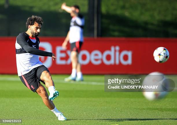 Liverpool's Egyptian striker Mohamed Salah attends a team training session at the AXA Training Centre in Liverpool, north-west England on October 25...
