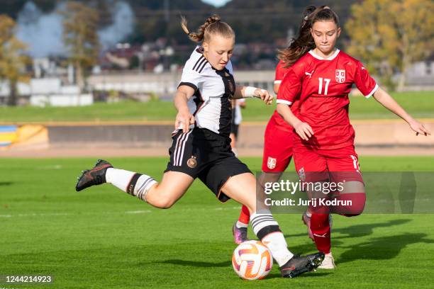 Leonie Schetter of Germany shoots the ball during the UEFA Under-17 Girls European Championship Qualifier match between Serbia and Germany at Stadium...