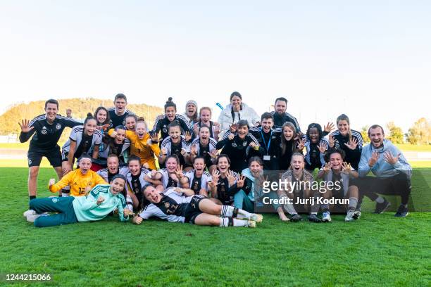 Team Germany celebrates after victory in the UEFA Under-17 Girls European Championship Qualifier match between Serbia and Germany at Stadium Matija...