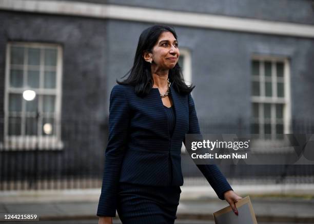 Suella Braverman, Secretary of State for the Home Department leaves Number 10 in Downing Street as new Prime Minister Rishi Sunak begins cabinet...