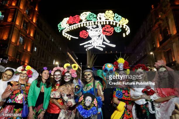 Women characterized as Catrina take part during the lighting of the luminaries of Catrina, created by José Guadalupe Posada, in the framework of the...