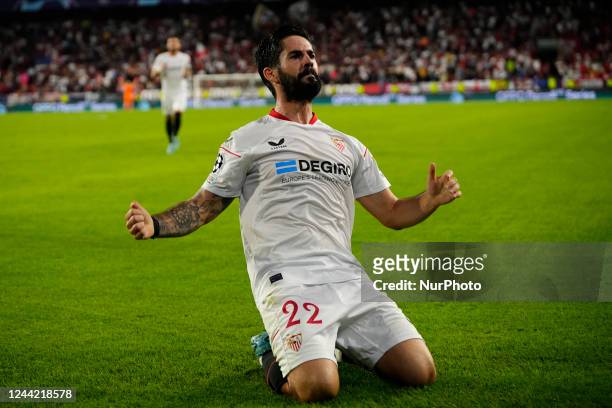 Isco Alarcon attacking midfield of Sevilla and Spain celebrates after scoring his sides first goal during the UEFA Champions League group G match...