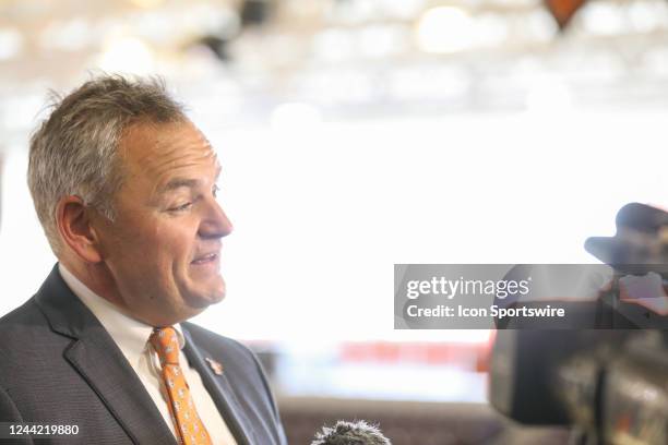 Derek van der Merwe is interviewed by media during a press conference in which he was introduced as the the new Director of Athletics for Bowling...