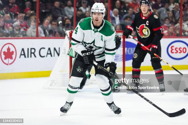 Dallas Stars Defenceman Miro Heiskanen prepares to potential block as shot during second period National Hockey League action between the Dallas...