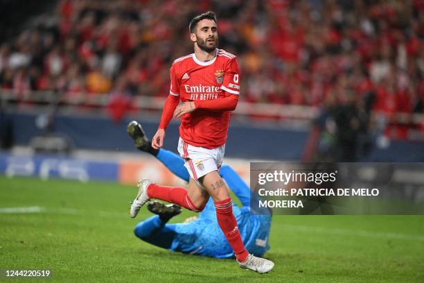 Benfica's Portuguese forward Rafa Silva celebrates scoring his team's third goal during the UEFA Champions League 1st round day 5, Group H football...