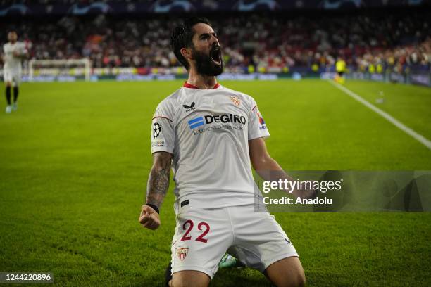 October: Isco Alarcon attacking midfield of Sevilla and Spain celebrates after scoring his sides first goal during the UEFA Champions League group G...