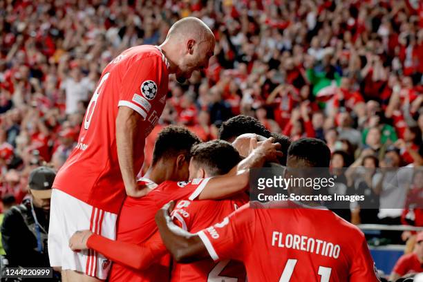 Rafa Silva of SL Benfica celebrates 3-1 with Alexander Bah of SL Benfica, Fredrik Aursnes of SL Benfica, Florentino Luis of SL Benfica, Joao Mario of...