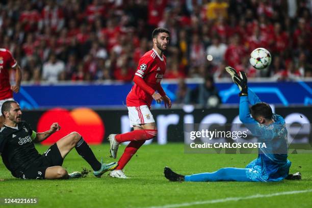 Benfica's Portuguese midfielder Rafa Silva scores his team's fourth goal in spite of Juventus' Italian defender Leonardo Bonucci and Juventus' Polish...