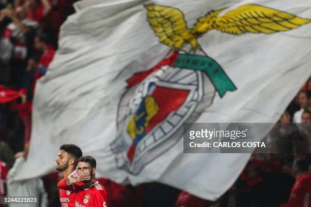 Benfica's Portuguese midfielder Rafa Silva celebrates with Benfica's Portuguese forward Goncalo Ramos after scoring his team's fourth goal during the...