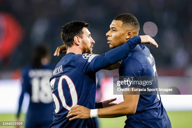 Lionel Messi of Paris Saint Germain celebrating his goal with his teammate Kylian Mbappe during the UEFA Champions League group H match between Paris...