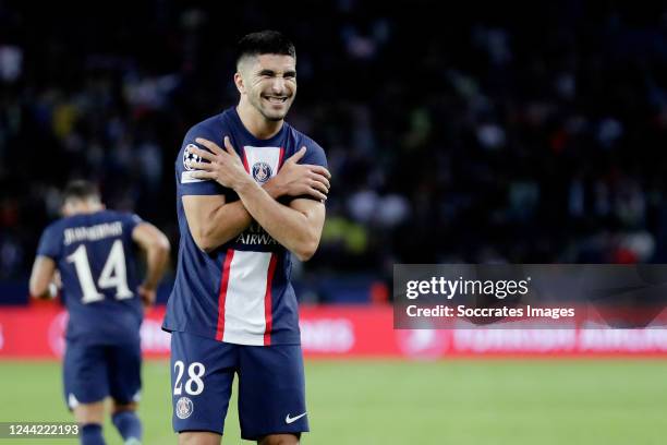 Carlos Soler of Paris Saint Germain celebrates 7-2 during the UEFA Champions League match between Paris Saint Germain v Maccabi Haifa at the Parc des...