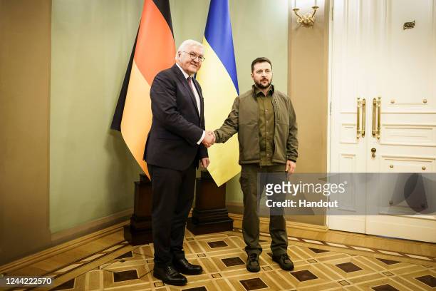 In this handout image provided by German Government Press Office , Federal President Frank-Walter Steinmeier meets Ukrainian President Volodymyr...