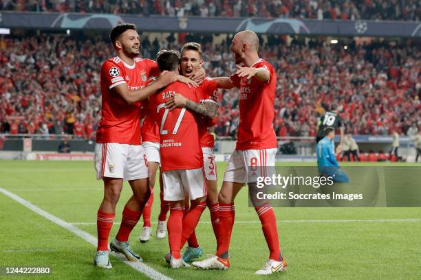 Rafa Silva of SL Benfica celebrates 4-1 with Fredrik Aursnes of SL Benfica, Alejandro Grimaldo of SL Benfica, Goncalo Ramos of SL Benfica during the...