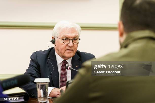 In this handout image provided by German Government Press Office , Federal President Frank-Walter Steinmeier meets Ukrainian President Volodymyr...