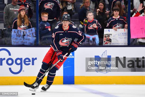 Patrik Laine of the Columbus Blue Jackets skates during warmups prior to a game against the Arizona Coyotes at Nationwide Arena on October 25, 2022...