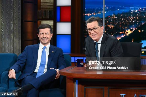 The Late Show with Stephen Colbert and guest Secretary Pete Buttigieg during Mondays October 24, 2022 show.