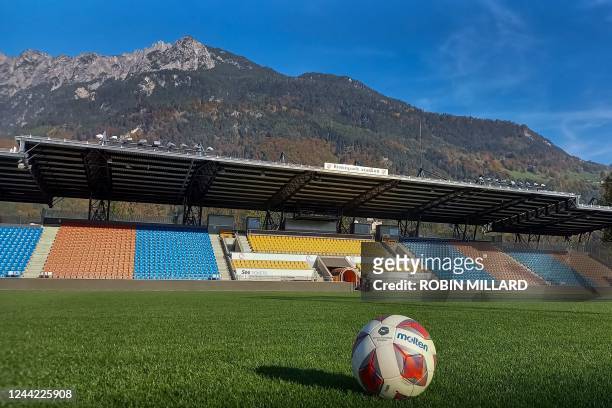This picture taken on October 19, 2022 in Vaduz, Liechtenstein, shows the FC Vaduz's Rheinpark Stadion ahead of the team's UEFA Conference League...