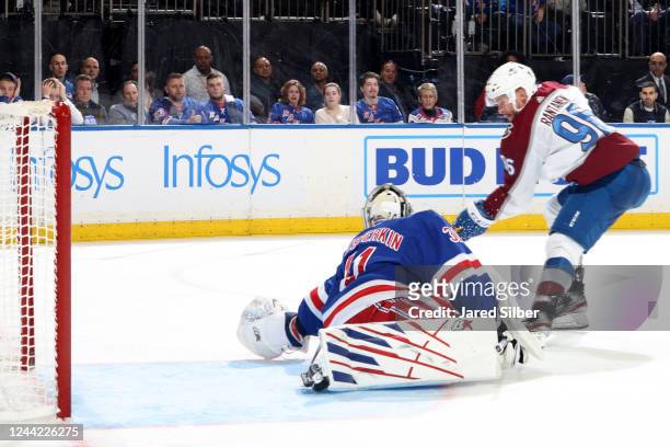 Igor Shesterkin of the New York Rangers makes a save against Mikko Rantanen of the Colorado Avalanche at Madison Square Garden on October 25, 2022 in...