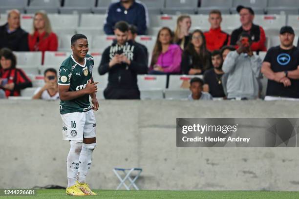 Endrick of Palmeiras celebrates after scoring the first goal of his team during a match between Athletico Paranaense and Palmeiras as part of...