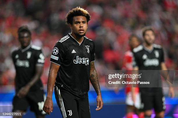 Weston McKennie of Juventus in action during the UEFA Champions League group H match between SL Benfica and Juventus at Estadio do Sport Lisboa e...